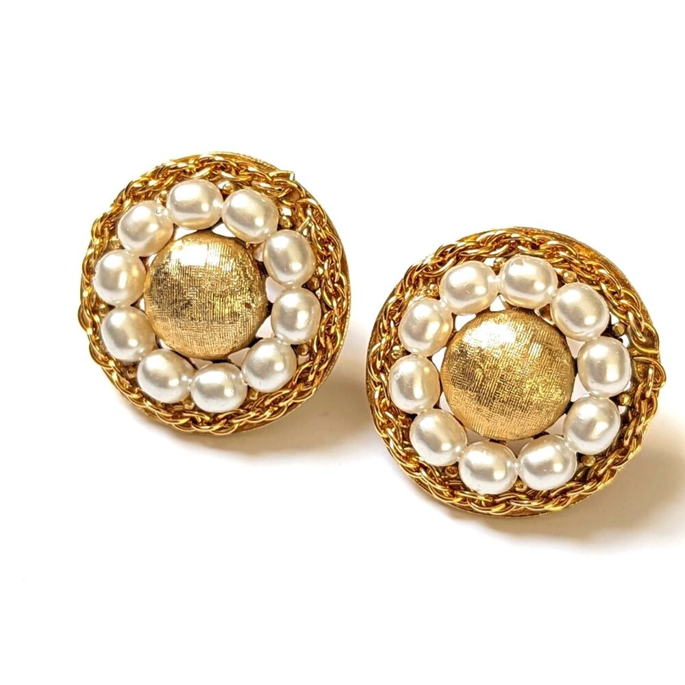 Vintage Signed Coro Brushed Gold Tone Faux Pearl Luxurious Clip On Earrings
